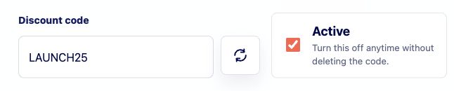 Cropped screenshot of the discount code and active controls.