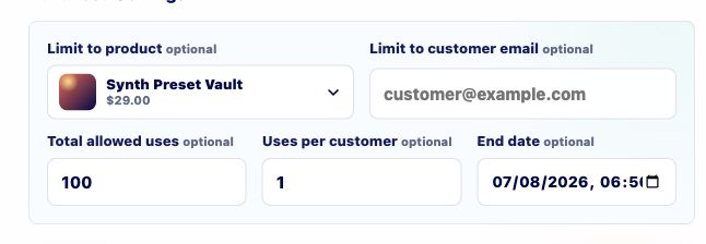 Cropped screenshot of discount restrictions and limit controls.