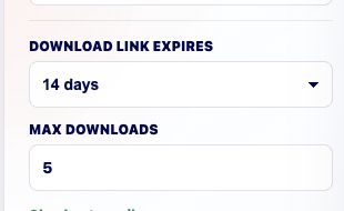 Cropped screenshot of download expiration and max download settings.