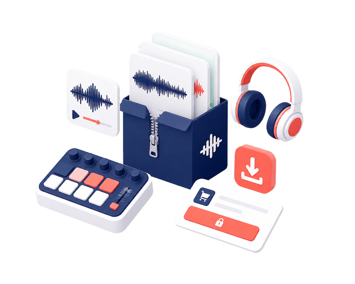 A branded audio pack graphic with waveforms, headphones, a download button, and checkout card.