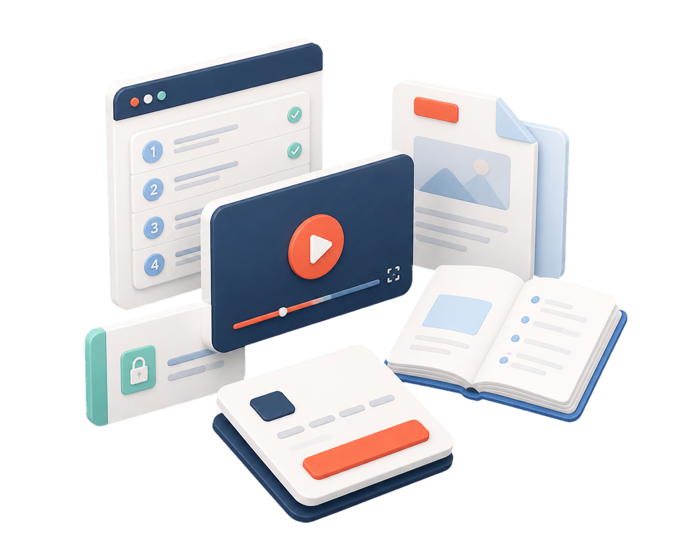 A course delivery graphic with lesson steps, video playback, private resources, and checkout.