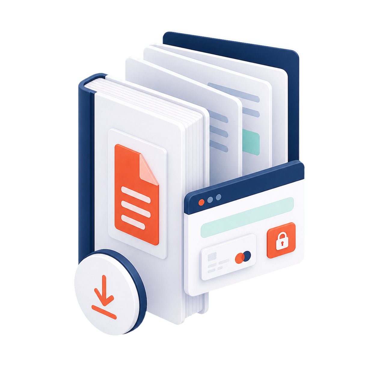 A secure ebook checkout and download graphic with stacked documents and a locked payment panel.