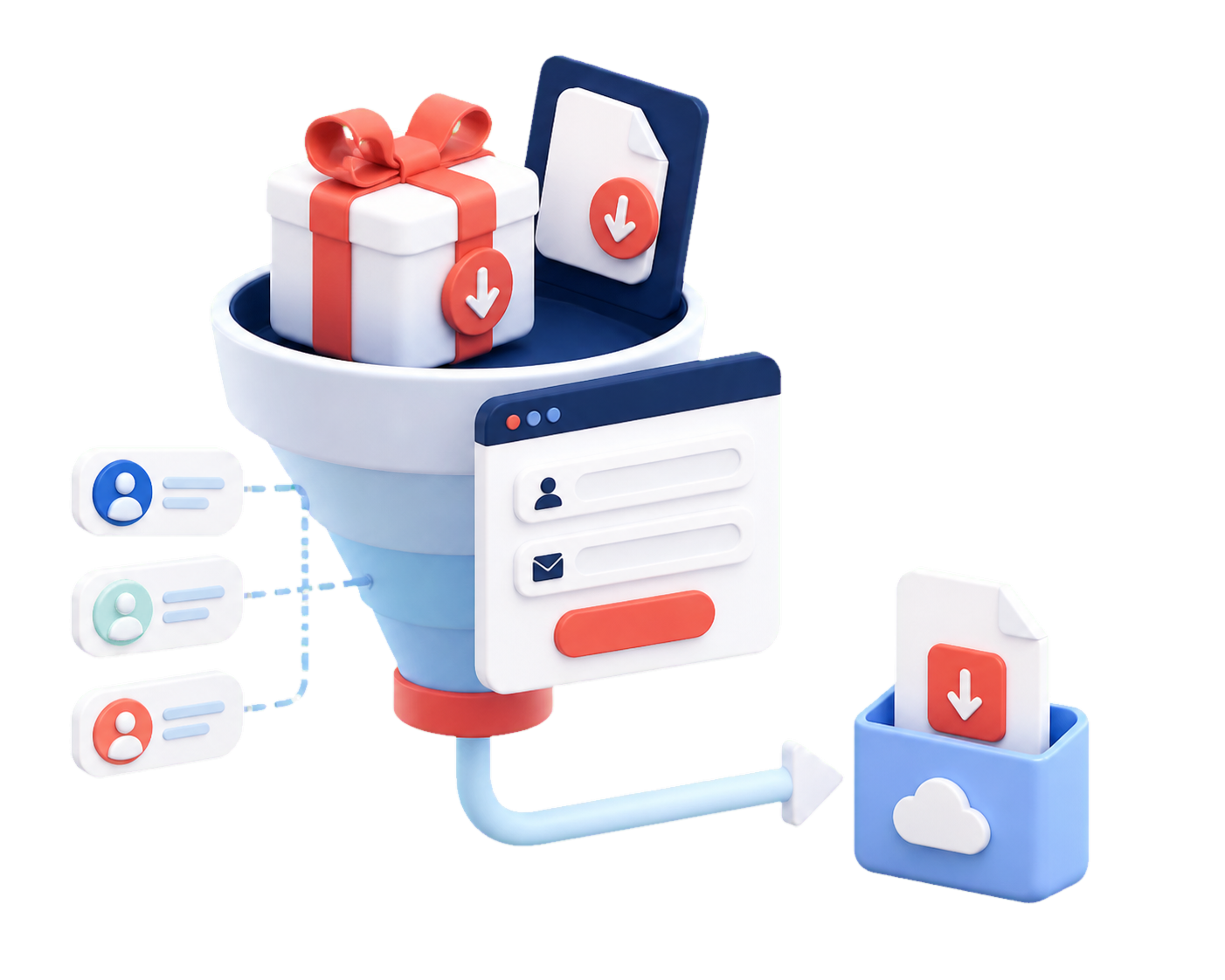 A freebie funnel graphic with a gift, email capture form, audience cards, and delivered download.