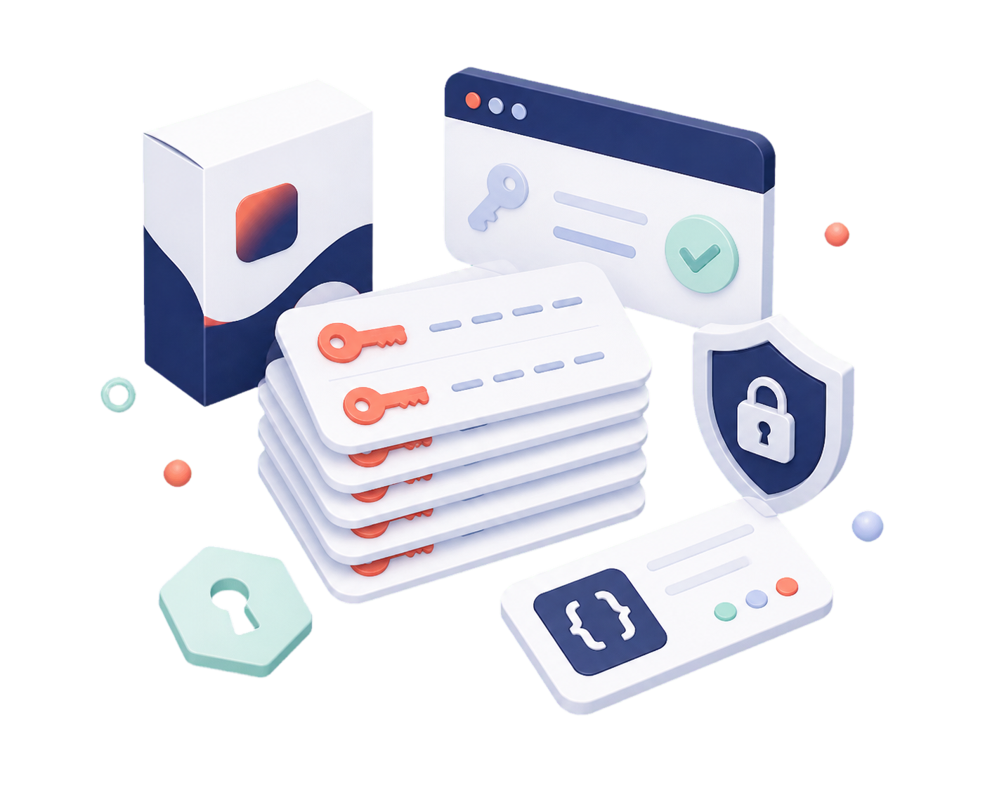 A license key management graphic with stacked keys, API validation card, product box, and security shield.