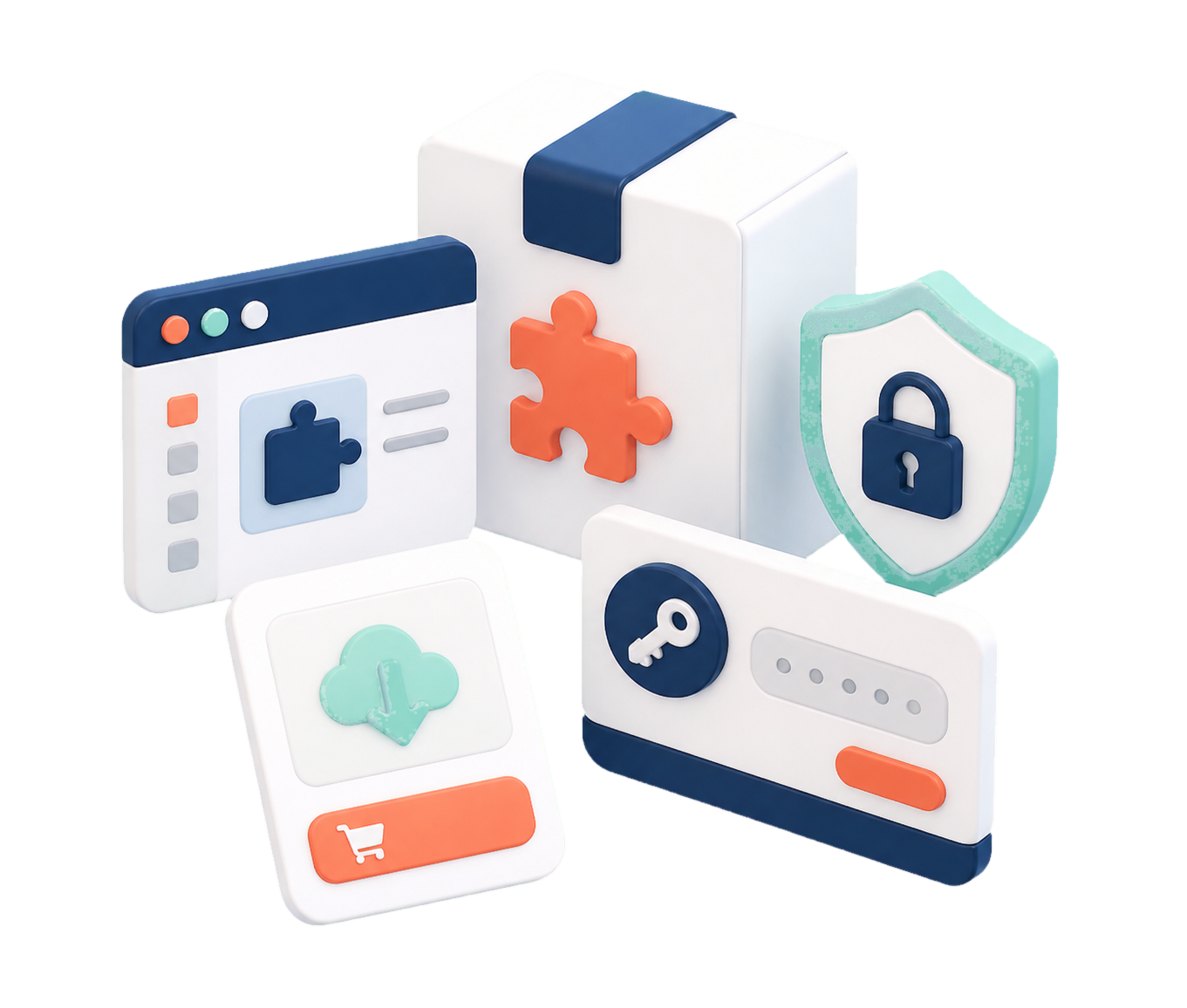 A software product graphic with plugin blocks, a license key field, download card, and security shield.
