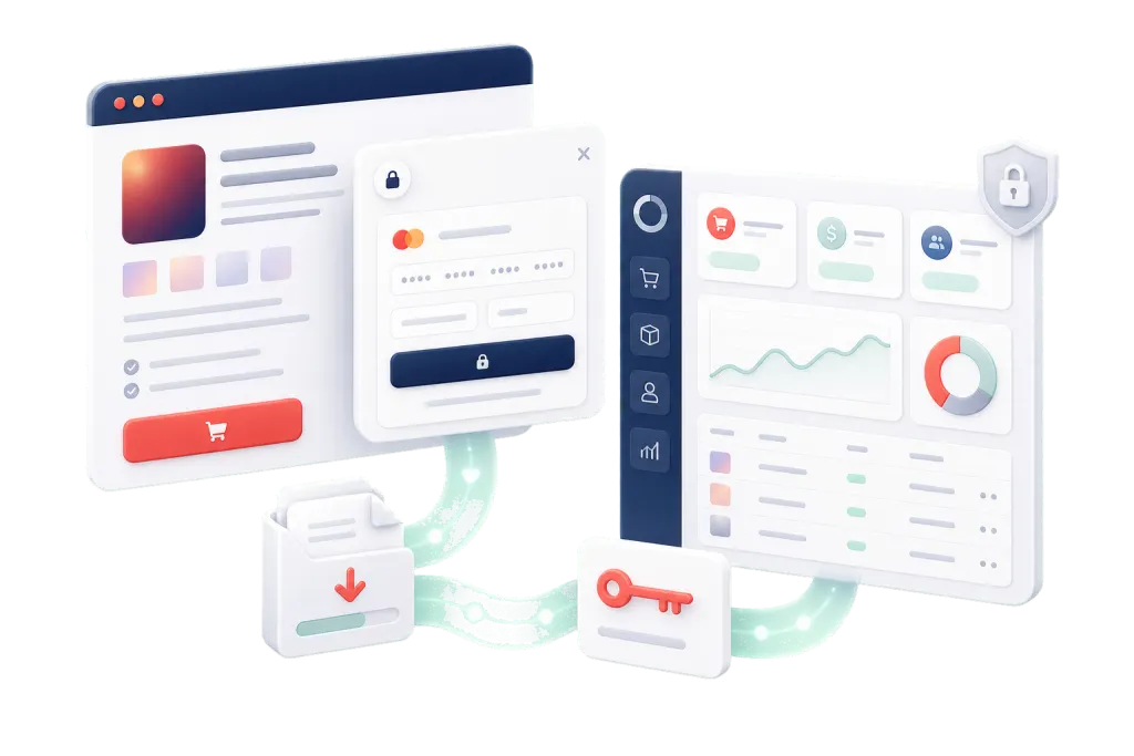 A Zwely product page, checkout modal, delivery download, license key, and analytics dashboard connected in one selling loop