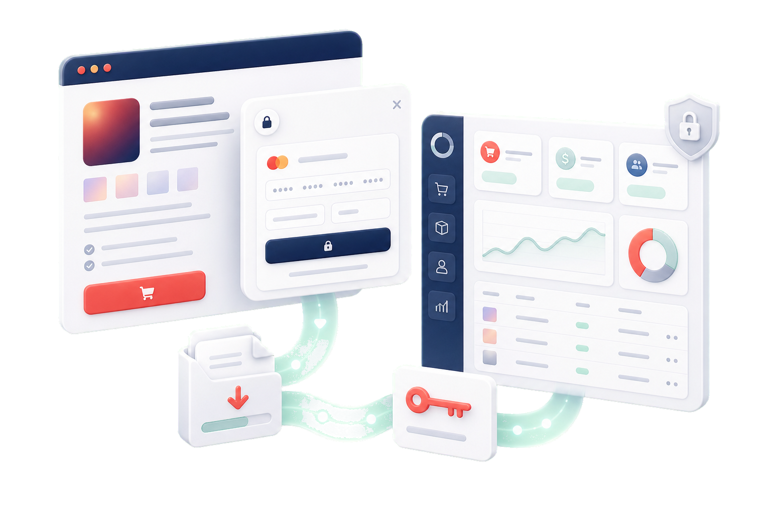 A comparison graphic showing embedded checkout, delivery, and analytics paths for digital products.