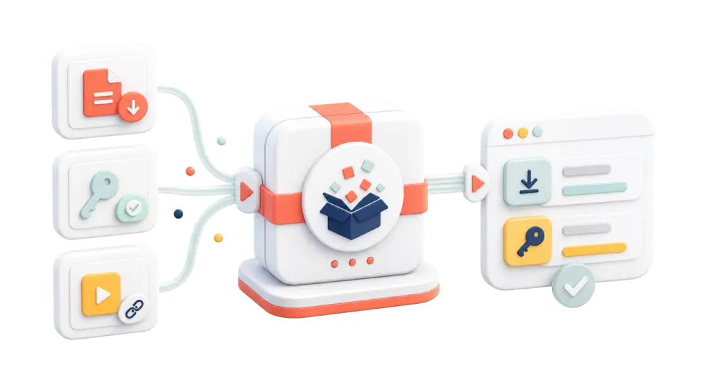 A polished Zwely bundle system illustration showing multiple digital products flowing into one bundle and delivering files and license keys together