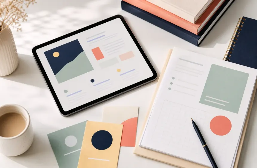 Digital guides and templates arranged on a bright desk