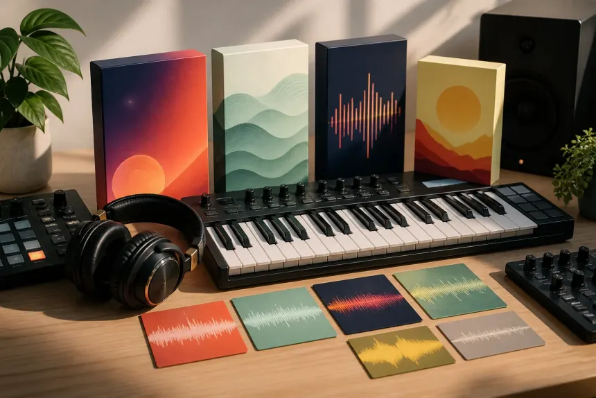 Audio sample pack products arranged with music gear
