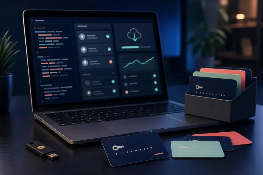 Software license keys and download dashboard on a desk