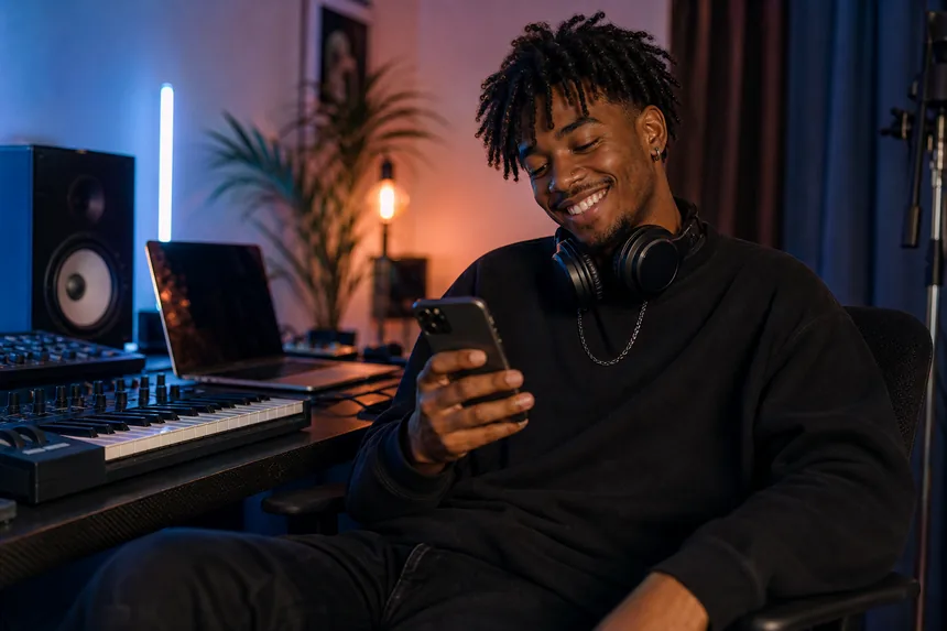 A music creator checking sales after a digital content drop