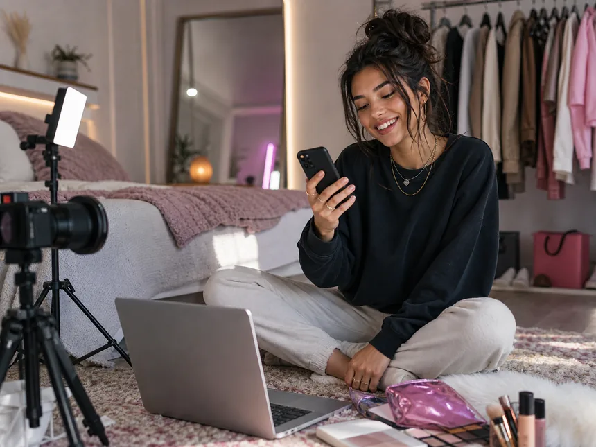 A fashion creator checking a phone in her content studio