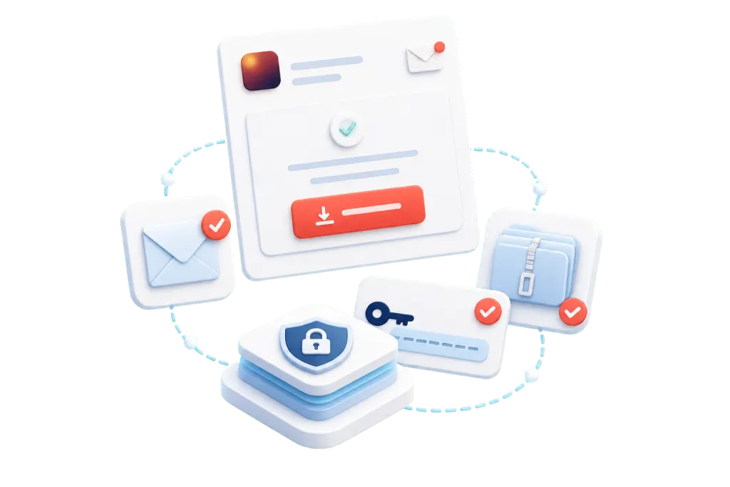 A delivery email, secure download, and license key moving through Zwely