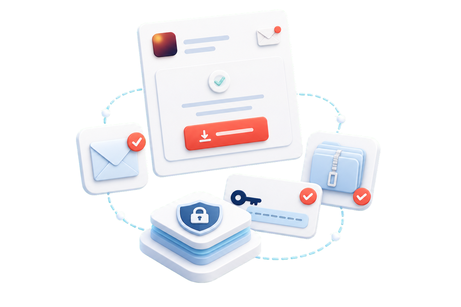 A secure digital download delivery graphic with checkout, email, and private file delivery.